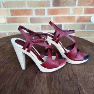 Burberry High Heel Platform Sandals in Maroon Pebbled Leather